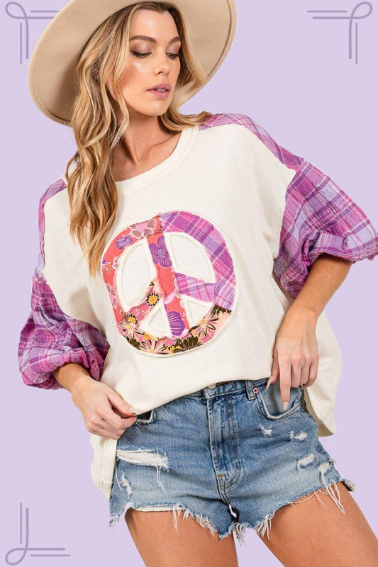SAGE + FIG Full Size Peace Applique Patch with Plaid Contrast Top Carauana Store