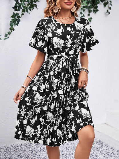 Printed Round Neck Short Sleeve Dress