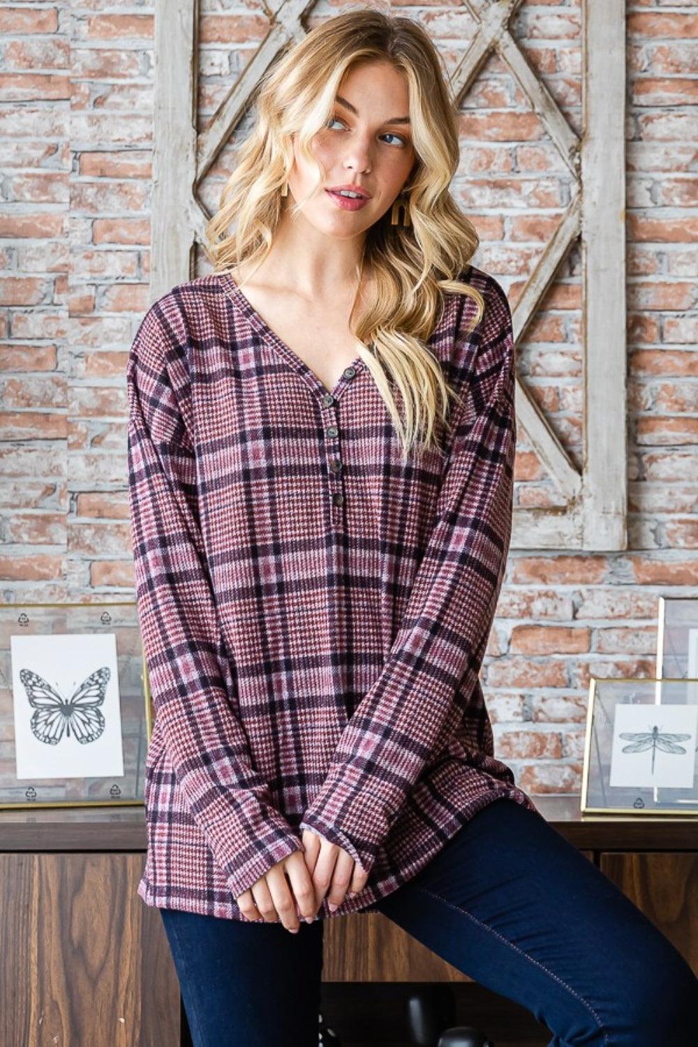 Heimish Full Size Plaid V-Neck Long Sleeve Top Carauana Store