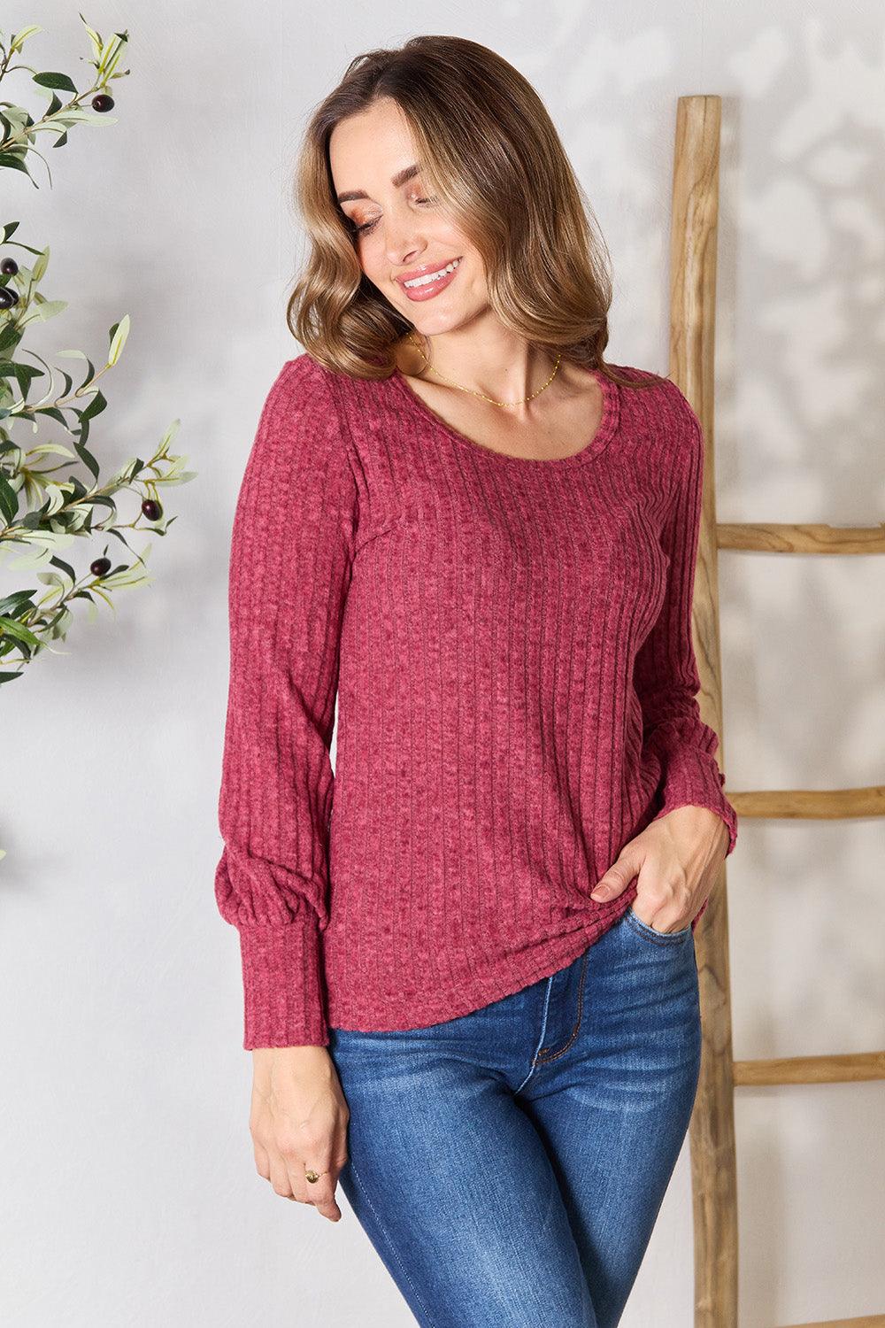 Ribbed Round Neck Lantern Sleeve Blouse