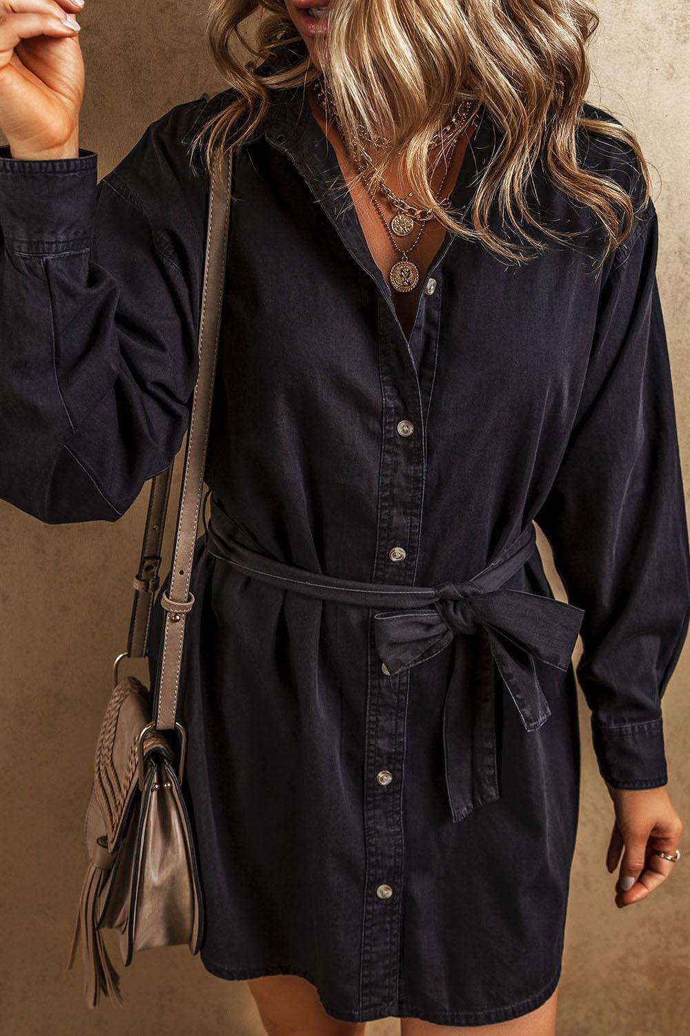 Button Up Collared Neck Denim Dress