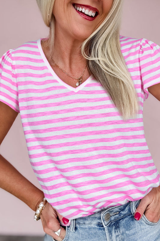 Bonbon Striped V Neck Ruffle Short Sleeve Top