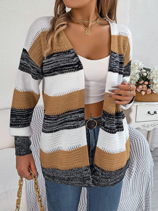Openwork Striped Open Front Cardigan Carauana Store