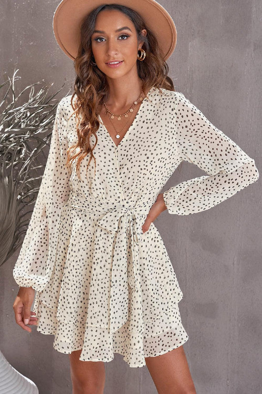 Tied Polka Dot Balloon Sleeve Layered Dress Carauana Store