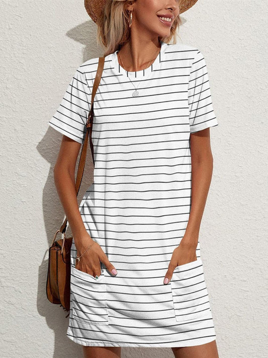 Pocketed Striped Round Neck Short Sleeve Dress Carauana Store