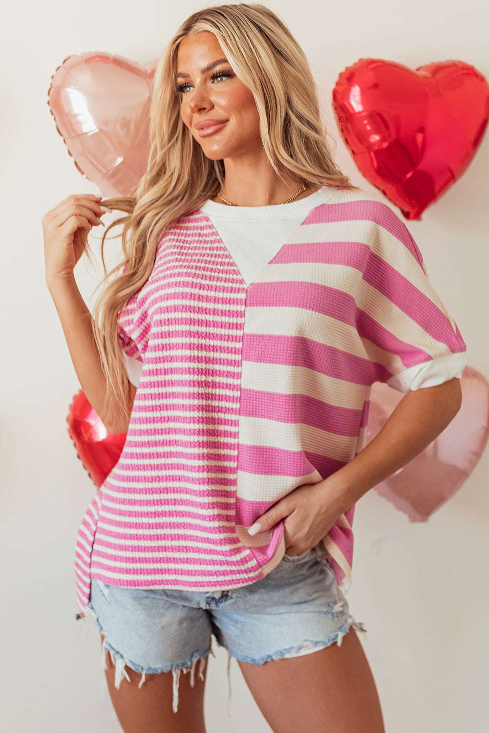 Pink Stripe Patchwork Textured Short Sleeve High Low Loose Top CaRaUaNa Fashion