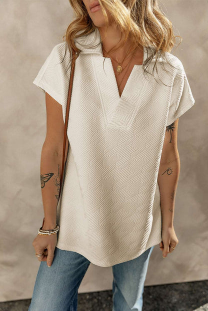 Apricot Textured V Neck Collared Short Sleeve Top CaRaUaNa Fashion