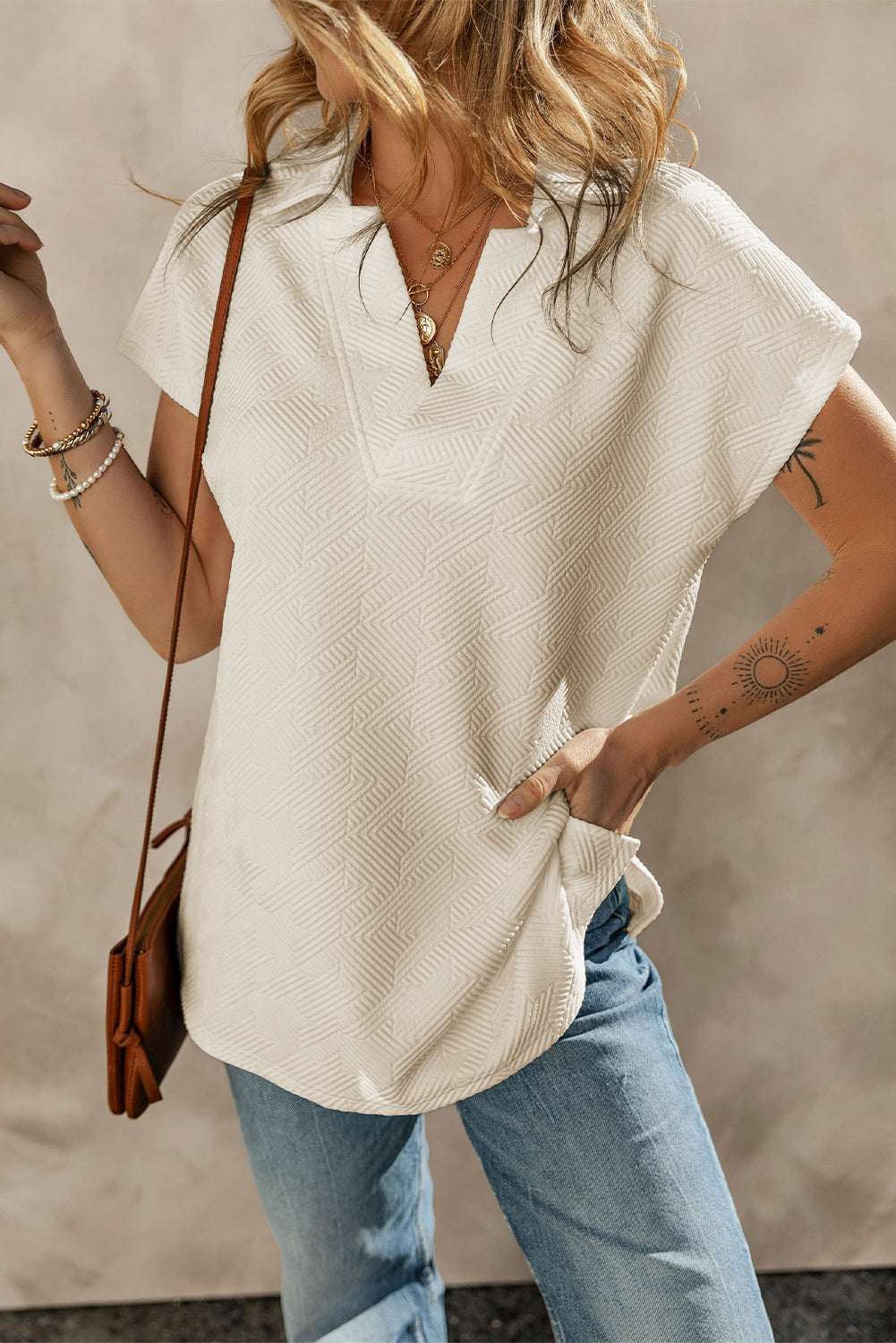Apricot Textured V Neck Collared Short Sleeve Top CaRaUaNa Fashion