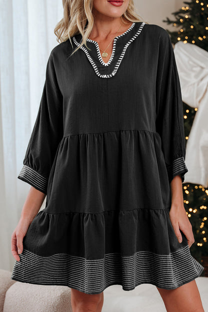 Black Contrast Stitched V Neck 3/4 Sleeve Tiered Mini Dress