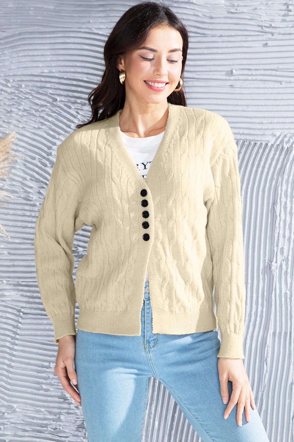 Cable-Knit Button Up Dropped Shoulder Cardigan