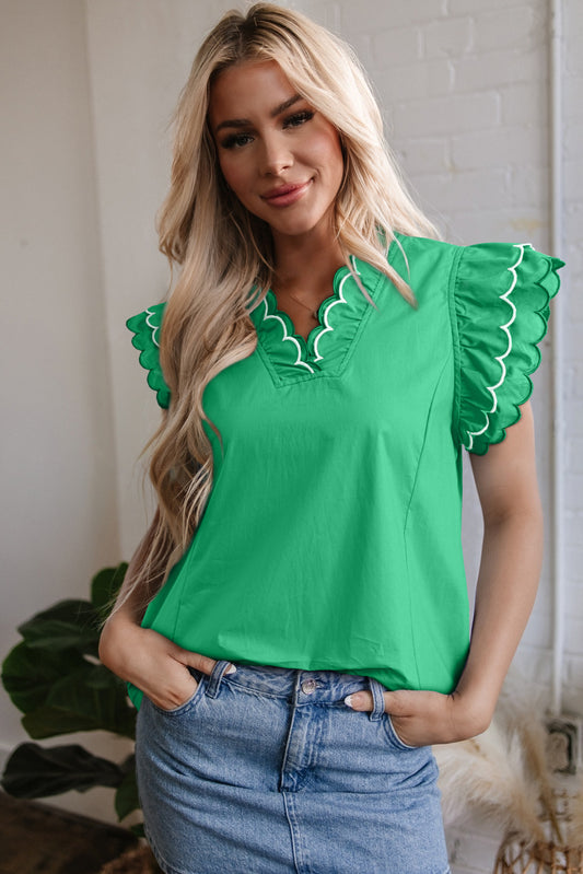 Bright Green Contrast Scallop Trim Layered Short Sleeve V Neck Blouse