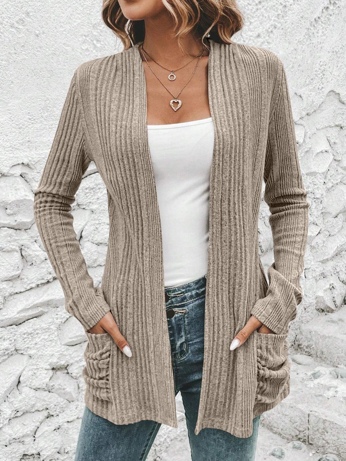 Ribbed Open Front Cardigan with Pockets