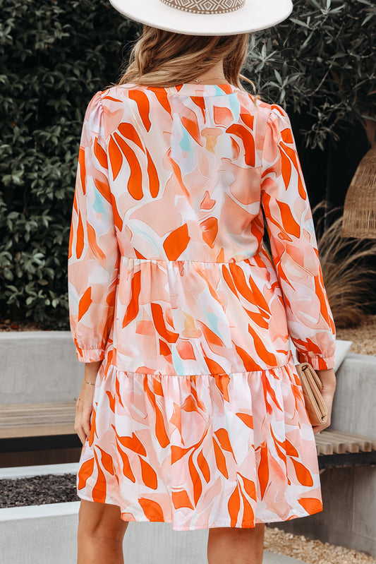Orange Abstract Print Split Neck Long Sleeve Dress