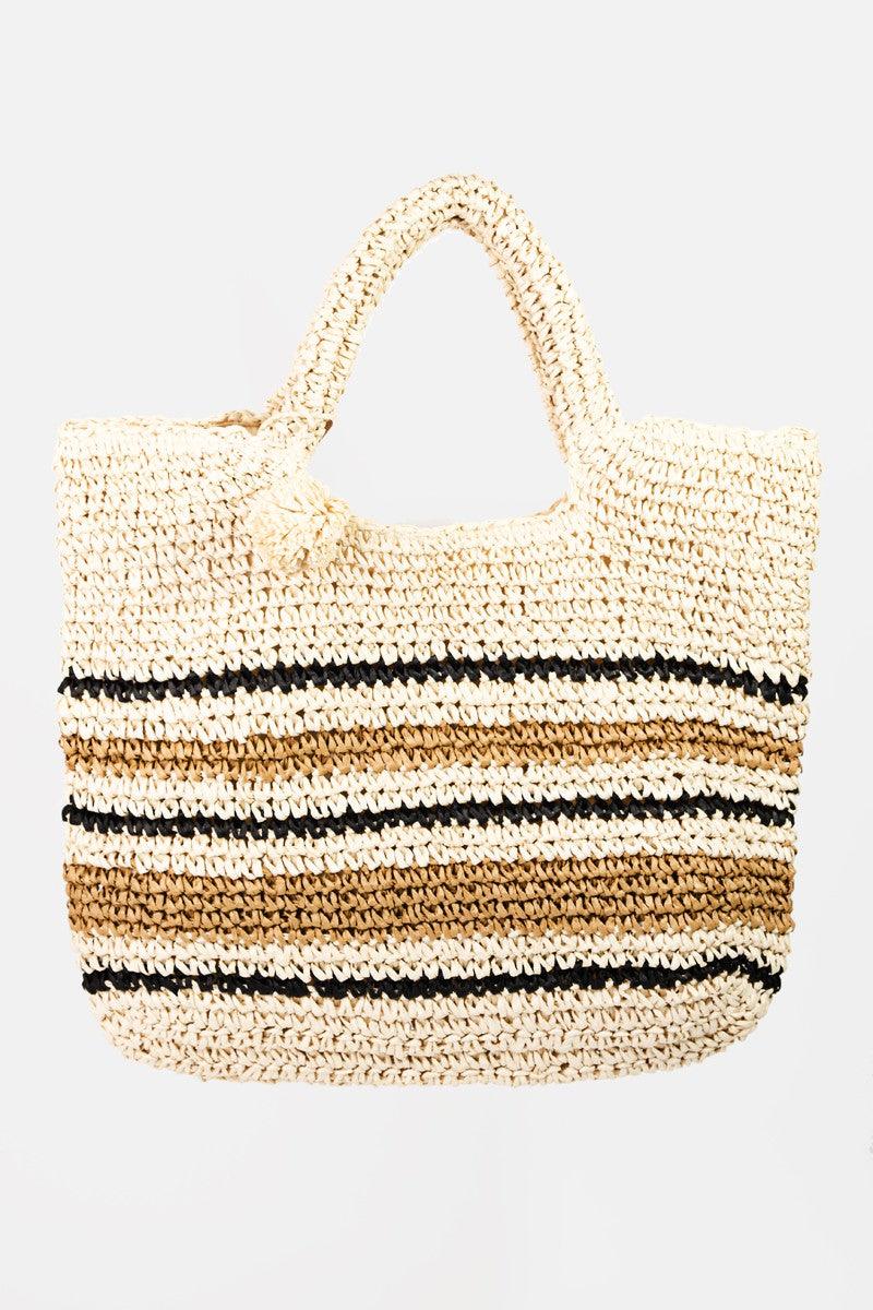 Fame Striped Straw Braided Tote Bag