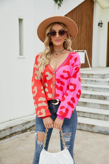 Mandy Leopard Button Up Dropped Shoulder Cardigan