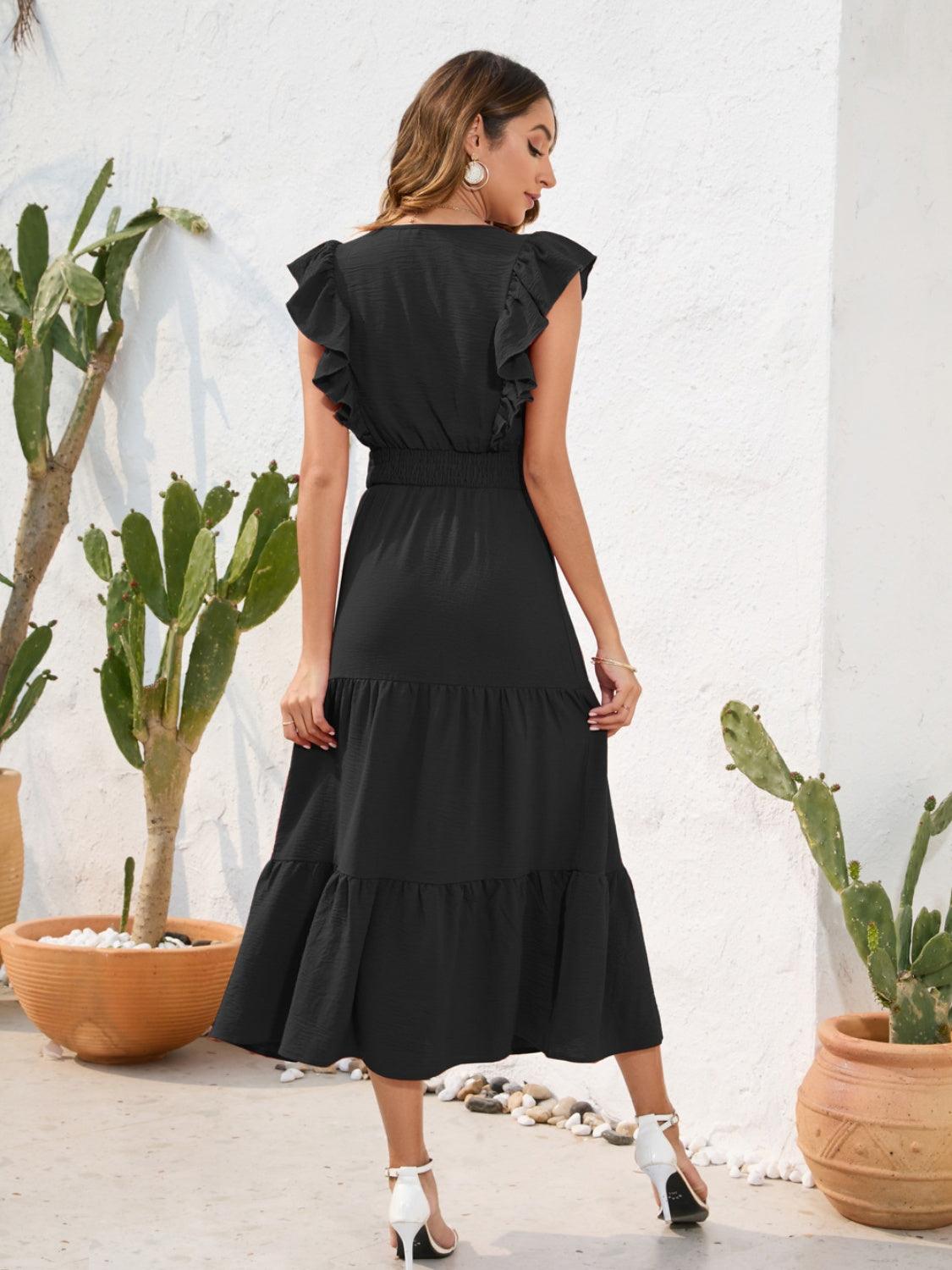 Tiered Ruffled V-Neck Cap Sleeve Dress