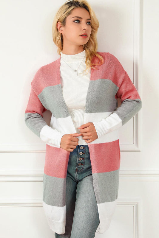 Striped Open Front Long Sleeve Cardigan Carauana Store