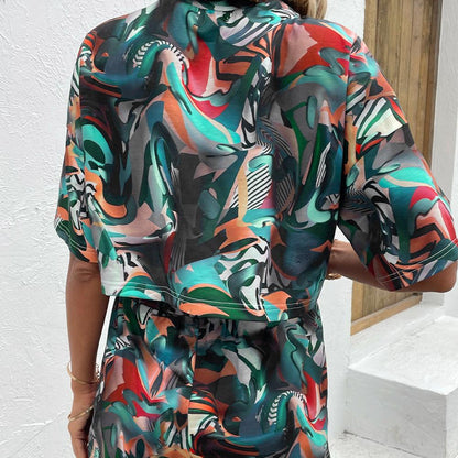 Printed Round Neck Dropped Shoulder Half Sleeve Top and Shorts Set