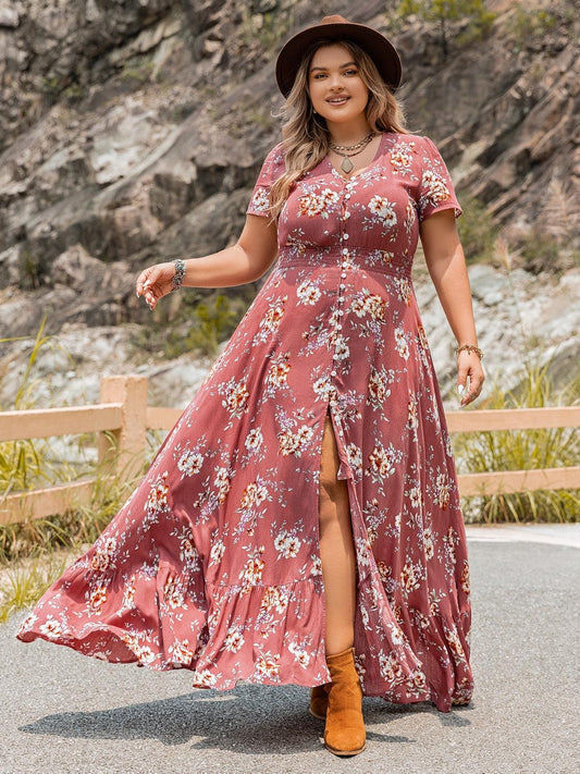 Plus Size Floral Slit Ruffle Hem Dress Carauana Store