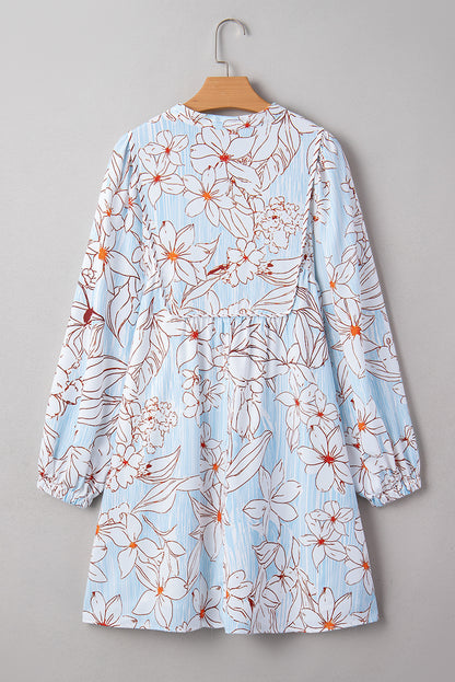 Brown Floral Print Tie Neck 3/4 Sleeve Mini Dress