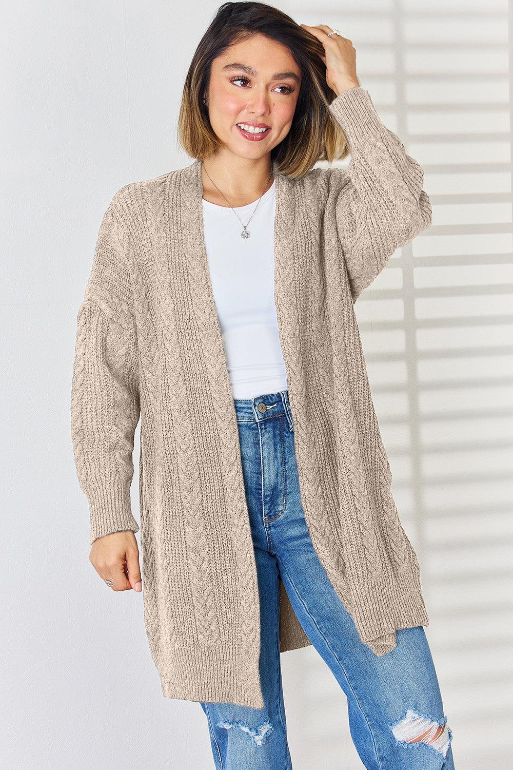 Cable-Knit Open Front Dropped Shoulder Cardigan