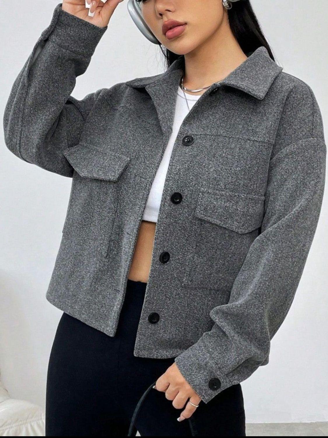 Button Up Dropped Shoulder Long Sleeve Outerwear