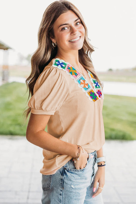 Pale Chestnut Crochet Floral V Neck Textured Short Sleeve Blouse