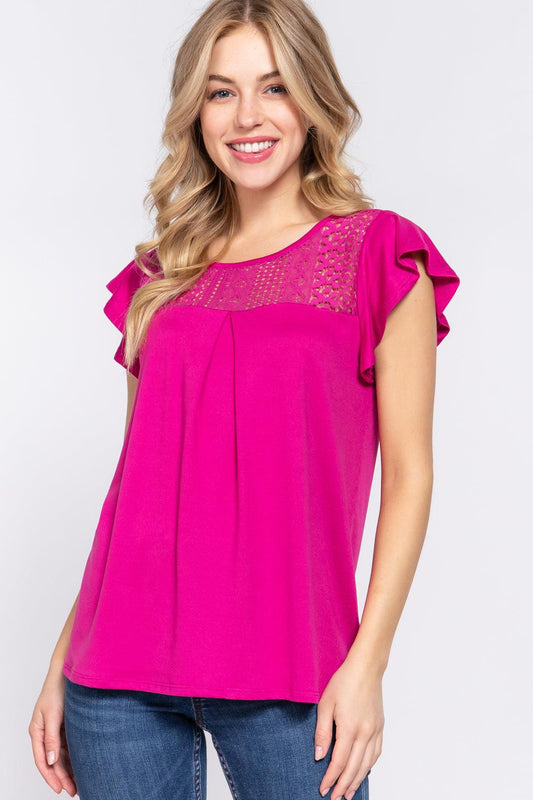 ACTIVE BASIC Ruffle Short Sleeve Lace Detail Knit Top