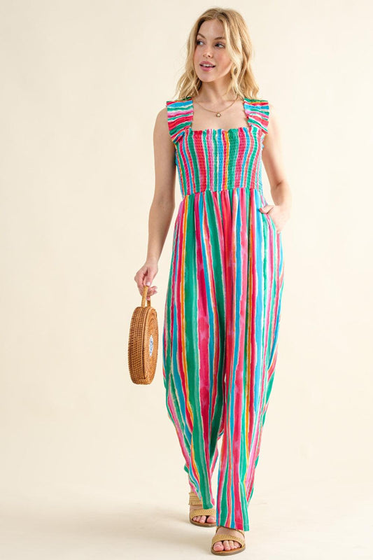 And The Why Full Size Striped Smocked Sleeveless Jumpsuit Carauana Store