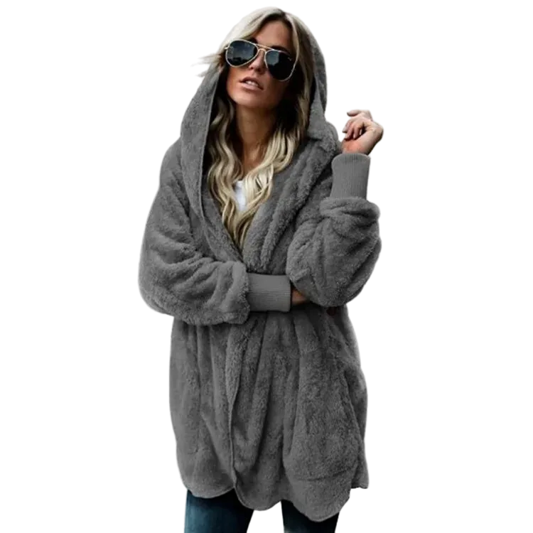 Person wearing a gray hoodie with sunglasses on a white background