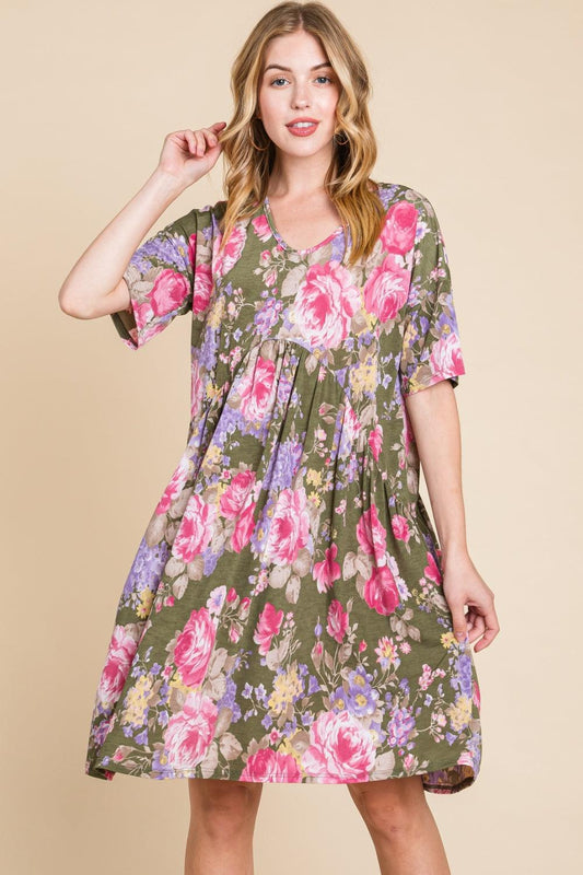 BOMBOM Flower Print V-Neck Ruched Dress Carauana Store