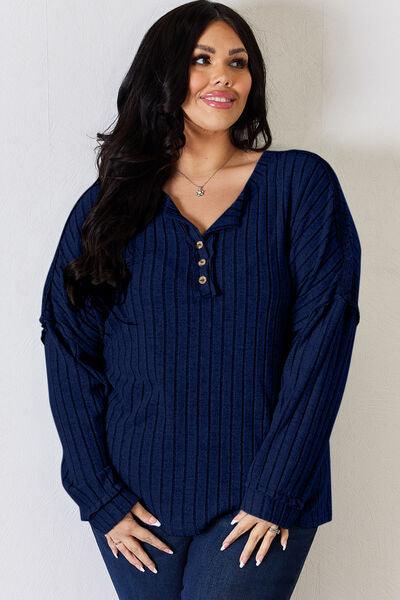 Basic Bae Full Size Ribbed Half Button Long Sleeve Shirt