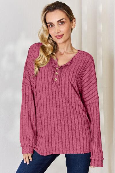 Basic Bae Full Size Ribbed Half Button Long Sleeve Shirt