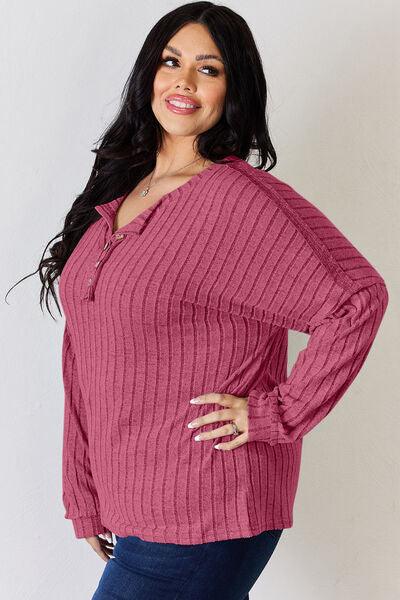 Basic Bae Full Size Ribbed Half Button Long Sleeve Shirt