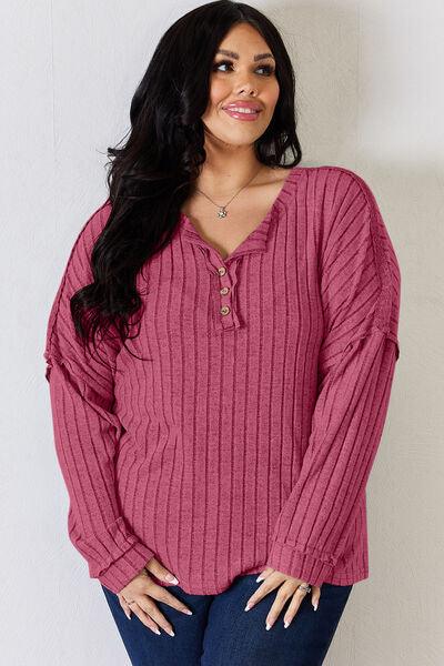 Basic Bae Full Size Ribbed Half Button Long Sleeve Shirt