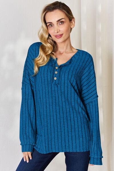 Basic Bae Full Size Ribbed Half Button Long Sleeve Shirt