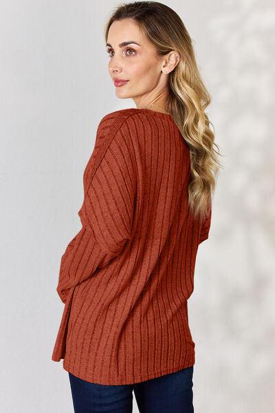 Basic Bae Full Size Ribbed Half Button Long Sleeve Shirt