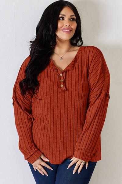 Basic Bae Full Size Ribbed Half Button Long Sleeve Shirt