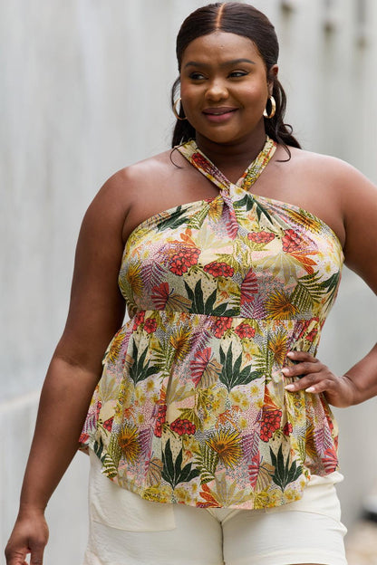Be Stage Full Size Floral Halter Top in Green Carauana Store