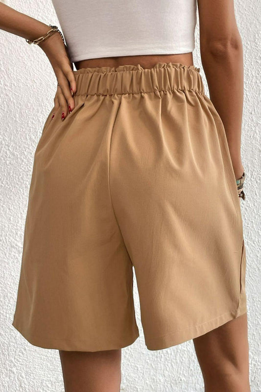 Buttoned Elastic Waist Pleated Detail Shorts Carauana Store