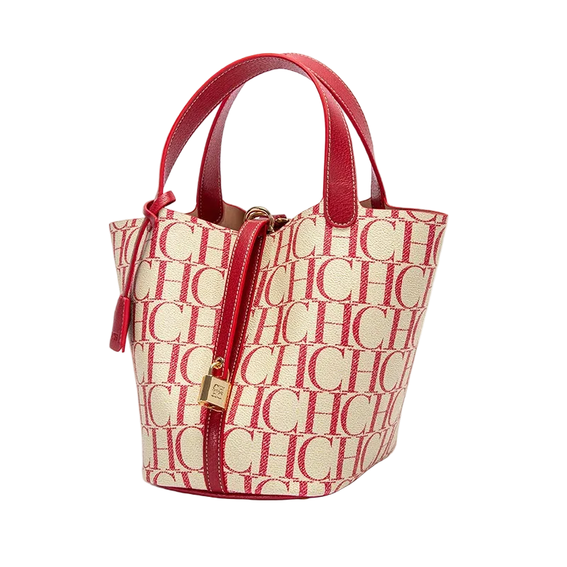 Red and beige handbag with a visible brand logo on a white background