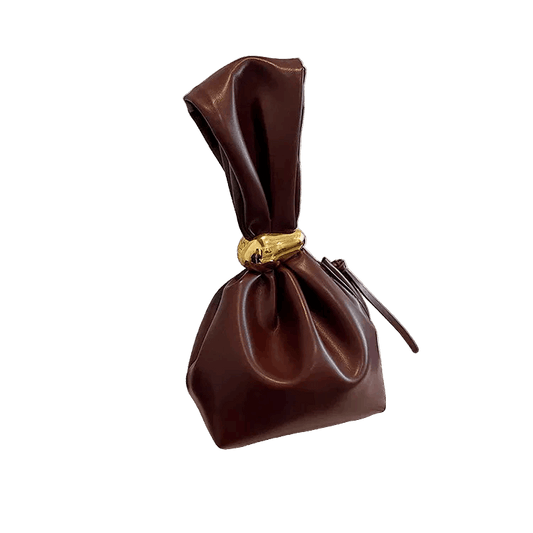 Brown leather pouch with a gold clasp on a white background