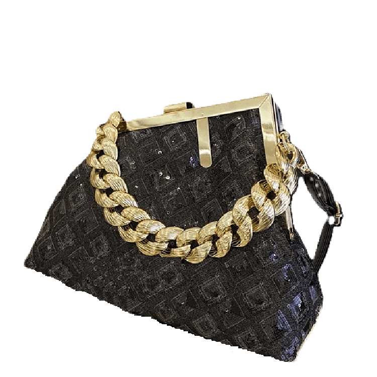 Black textured handbag with a gold chain detail on a white background