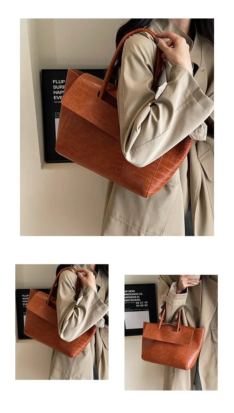 Person holding a Carauana Crocodile Leather Handbag Coffe with close-up shots of the bag.
