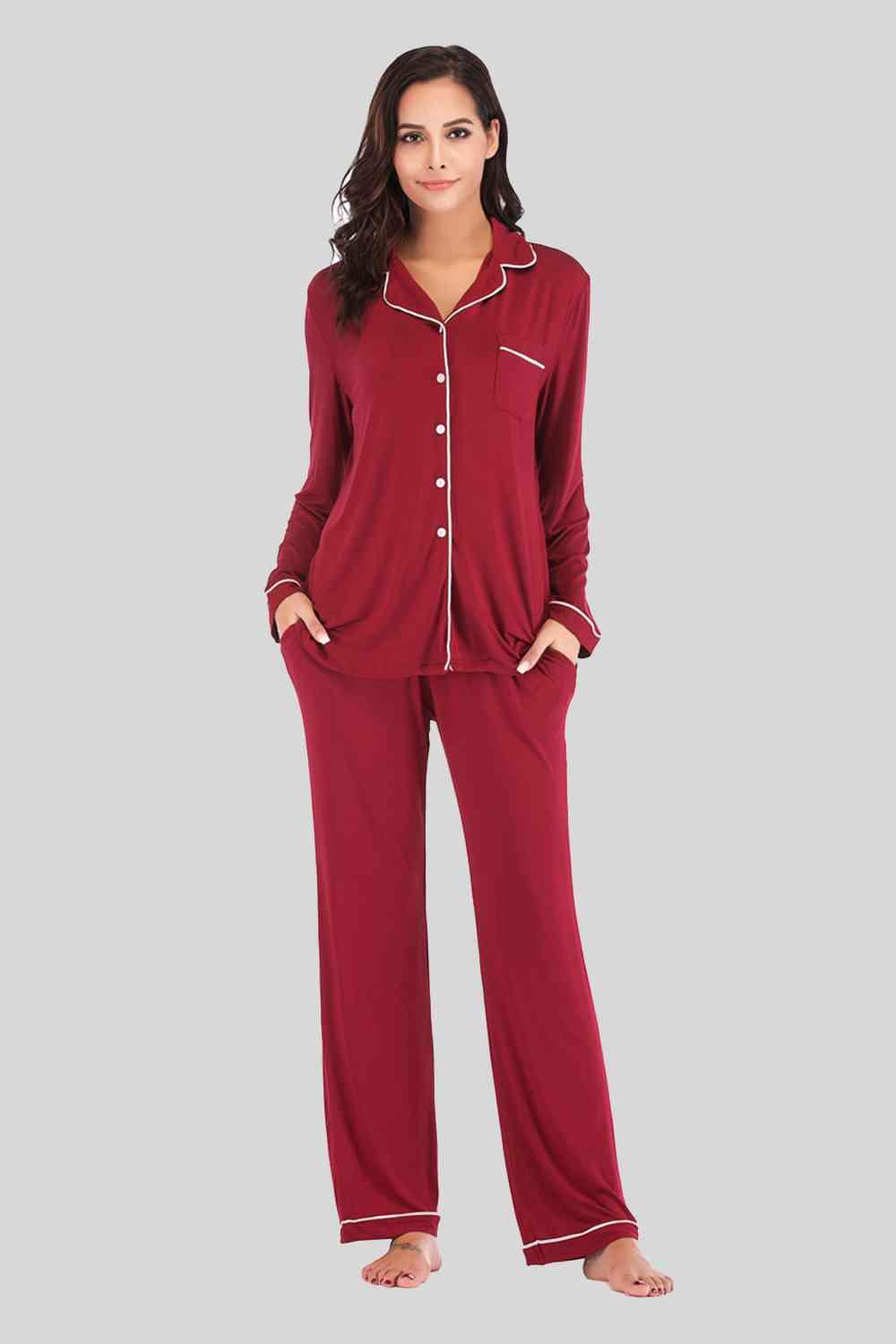 Collared Neck Long Sleeve Loungewear Set with Pockets CaRaUaNa Fashion
