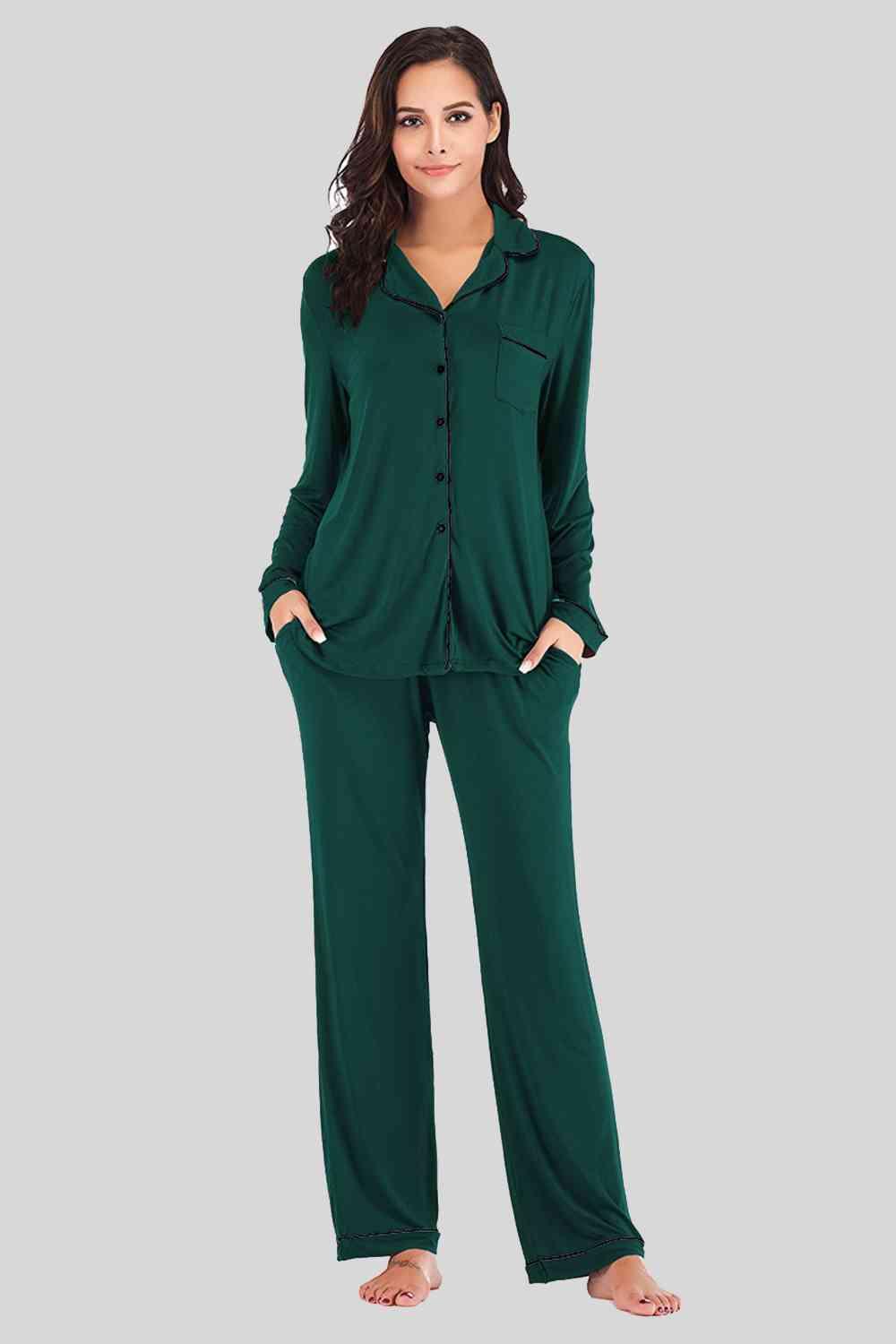 Collared Neck Long Sleeve Loungewear Set with Pockets CaRaUaNa Fashion