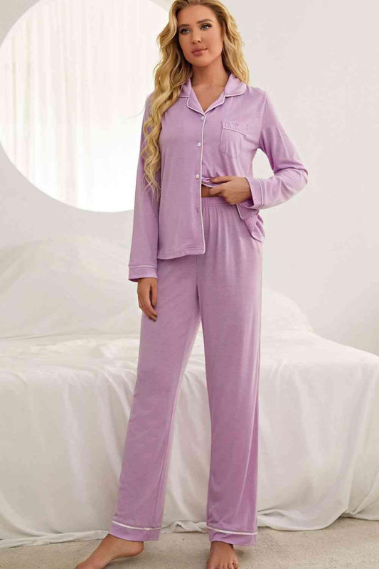 Contrast Piping Button Down Top and Pants Loungewear Set Carauana Store
