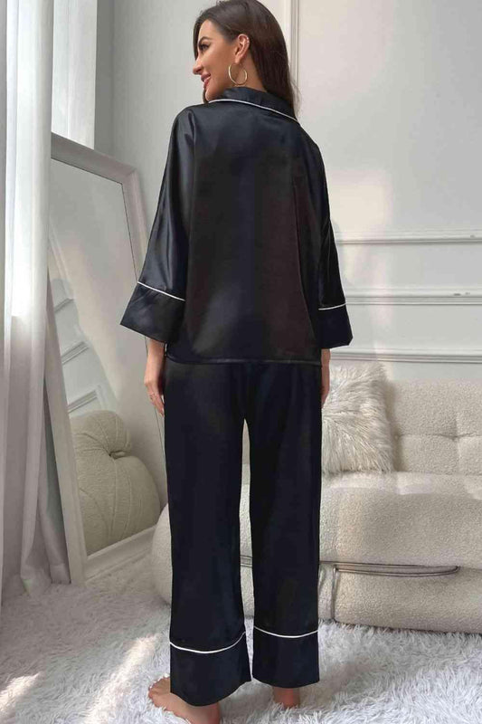 Contrast Piping Button-Up Top and Pants Pajama Set Carauana Store