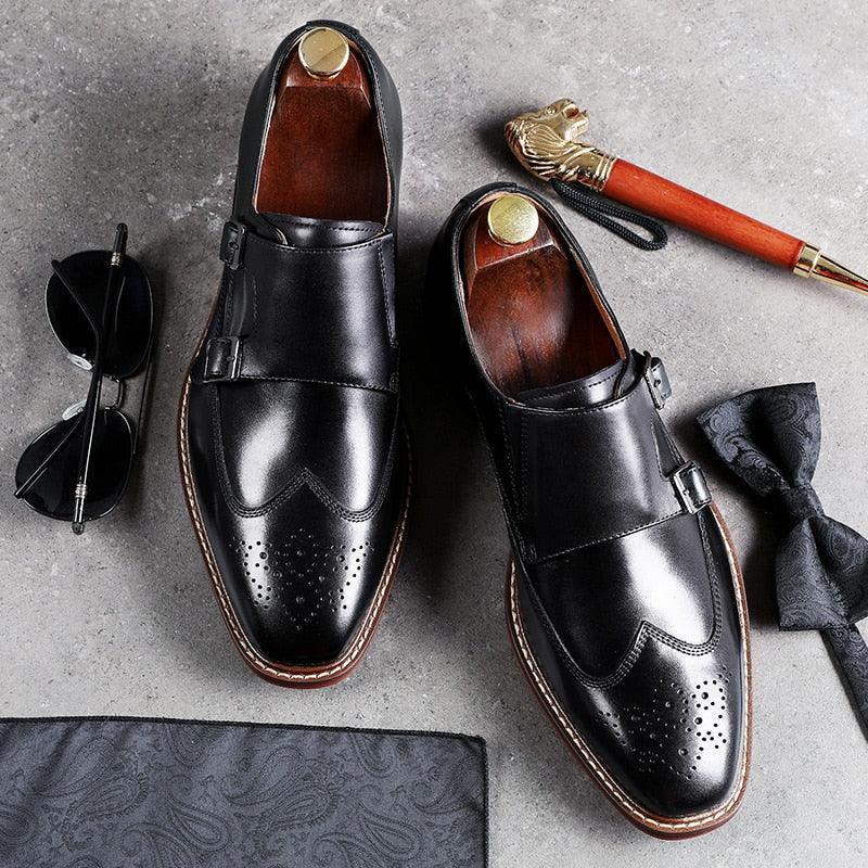 DESAI Monk Strap Slip on Genuine Leather Business Handmade Dress Brogue with Buckle