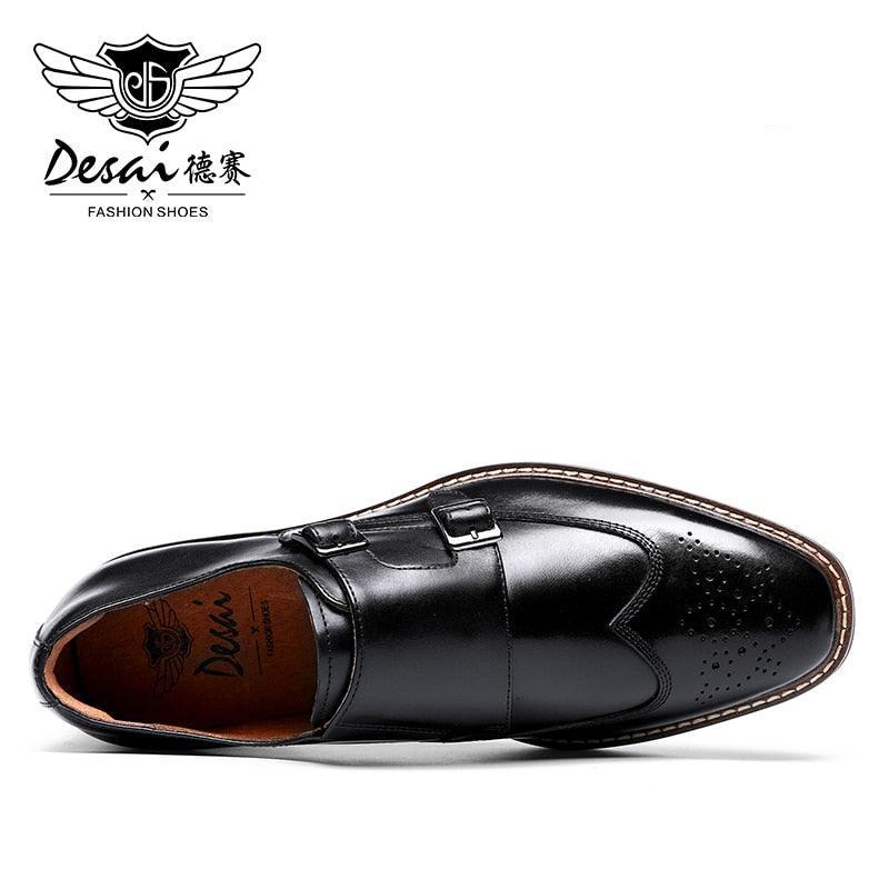 DESAI Monk Strap Slip on Genuine Leather Business Handmade Dress Brogue with Buckle